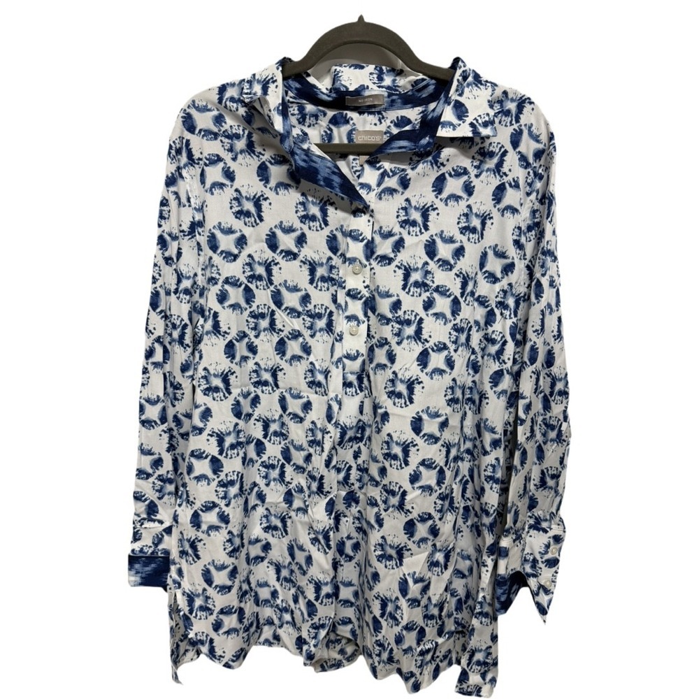 Chico's Tie Dye 1/2 Button Collared No Iron Cotton Shirt Blue White Size 4 XXL